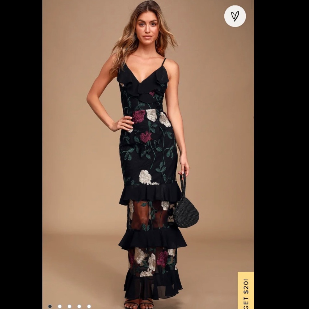 Lulus True to Heart Black Floral Embroidered Maxi Dress (M)
